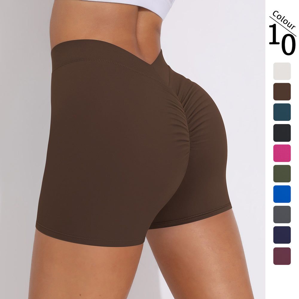 brushed v-waist pleated pure color peach butt yoga shorts sports running fitness tight three-quarter pants for women