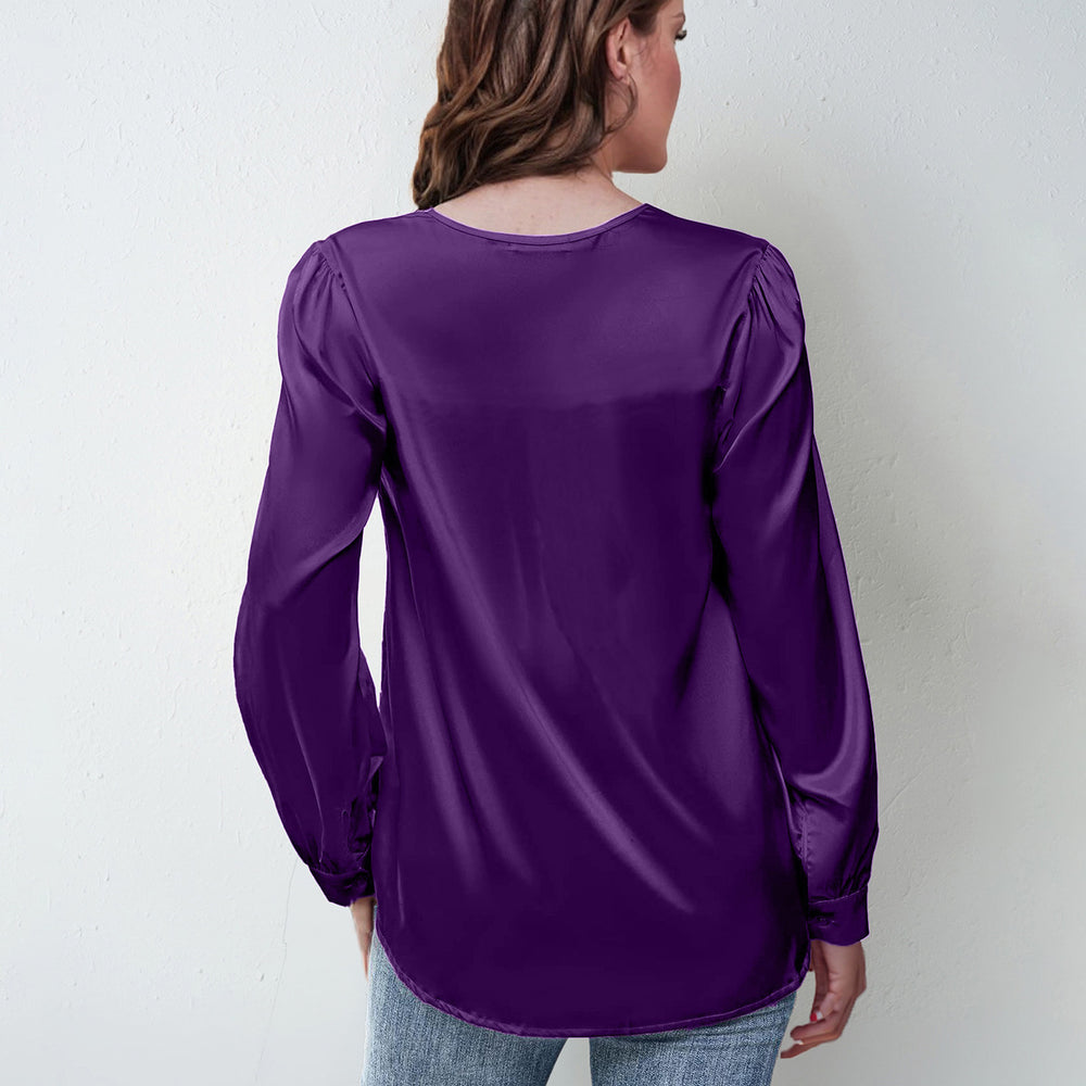 hot-selling women's satin ruched long sleeve top - v-neck casual loose satin commute blouse