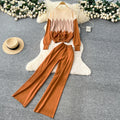 Korean style casual fashion color block crew neck long sleeve knit top women's autumn/winter high waist slimming wide leg pants sweater set