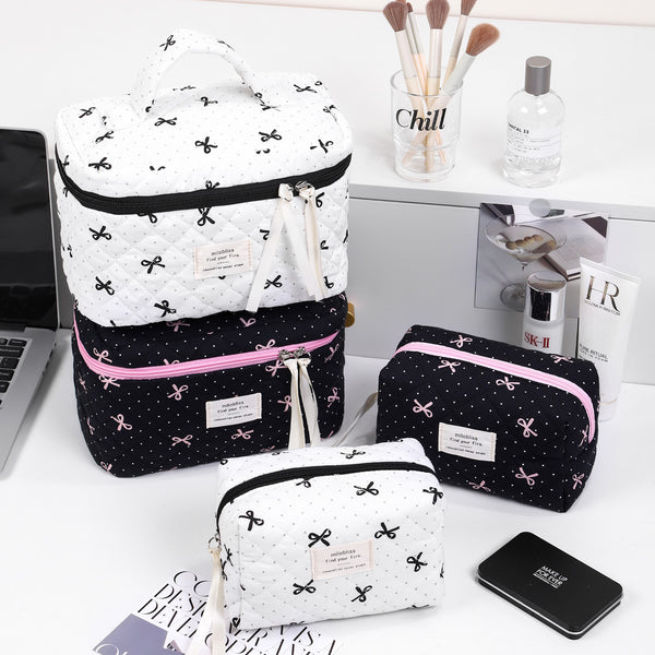 Cross-border pink polka dot bow cosmetic bag fashionable light luxury portable small fresh storage bag large capacity toilet bag