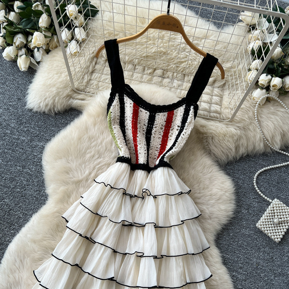 French sleeveless color block tiered cake dress - women's summer high waist slimming layered elegant maxi dress - socialite style