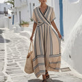 cross-border fashion: european & american summer new arrivals - women's stylish vacation v-neck short sleeve striped ruched maxi dress