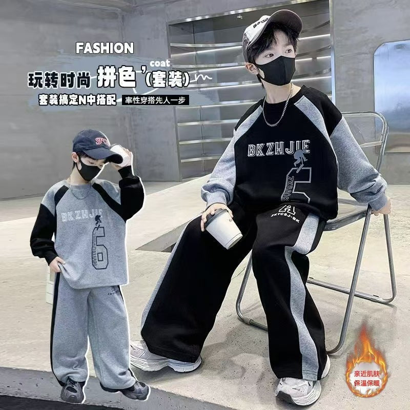 Autumn/winter kids' fashion color block loose fit casual set  boys' fleece-lined crewneck sweatshirt and sweatpants two-piece outfit