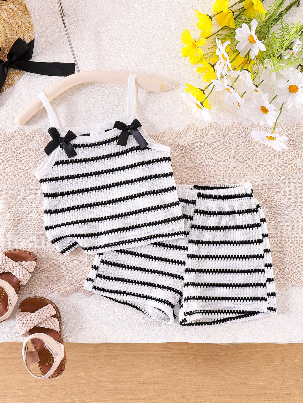 Children's clothing shein cross-border girl suit black and white stripes camisole + shorts