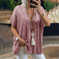 new european and american  style short-sleeve urban casual loose fit pullover sequin v-neck t-shirt top for women