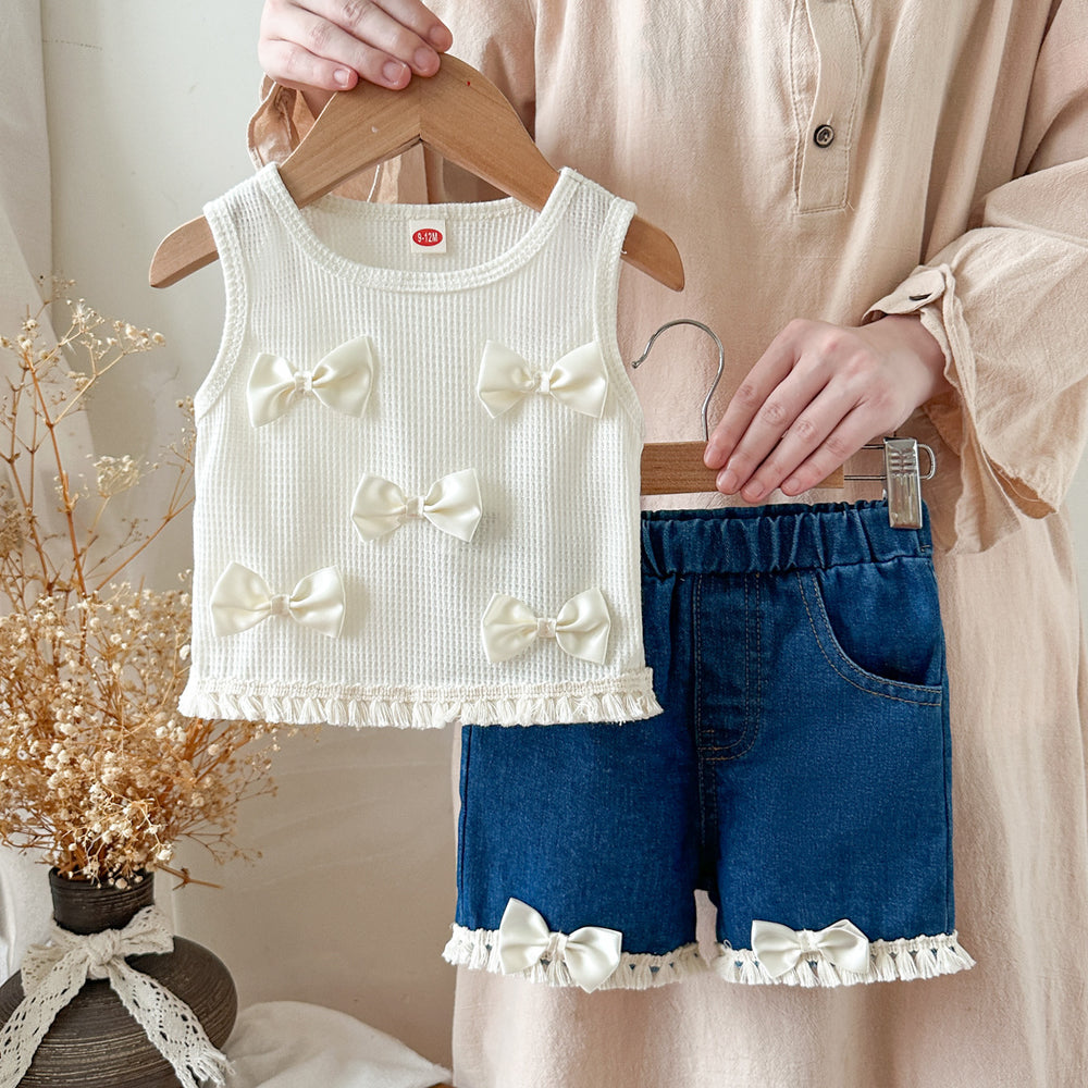 hot-selling girls' designer ribbed top with bow detail + lace-trimmed denim jeans two-piece set
