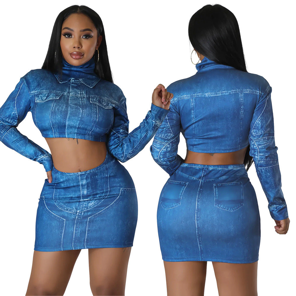 CY900338 Fashion semi-turtleneck long-sleeved short top with hip-wrapped short skirt, European and American printed two-piece set for women