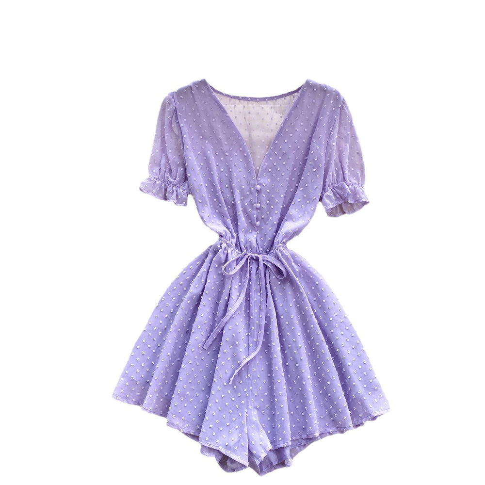 Women's jumpsuit beach vacation shorts summer new v-neck puff sleeve tie-waist versatile wide-leg shorts
