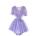 Women's jumpsuit beach vacation shorts summer new v-neck puff sleeve tie-waist versatile wide-leg shorts