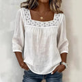 new cross-border  summer solid color casual square neck lace trimmed three-quarter sleeve cotton linen short-sleeve top for women