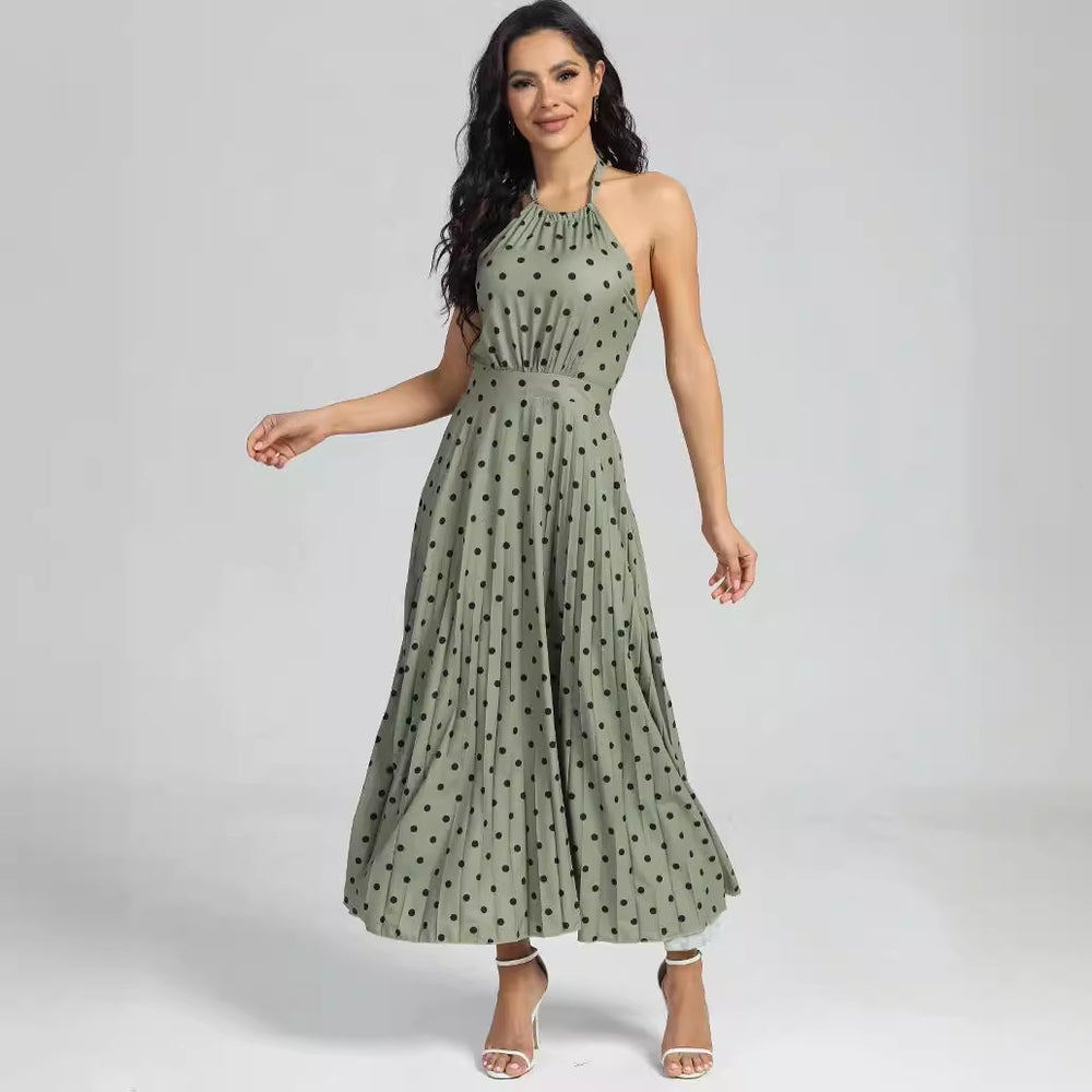 Amazon women's  european and american style spring new solid color sleeveless round neck halter backless printed pleated dress