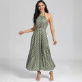 Amazon women's  european and american style spring new solid color sleeveless round neck halter backless printed pleated dress