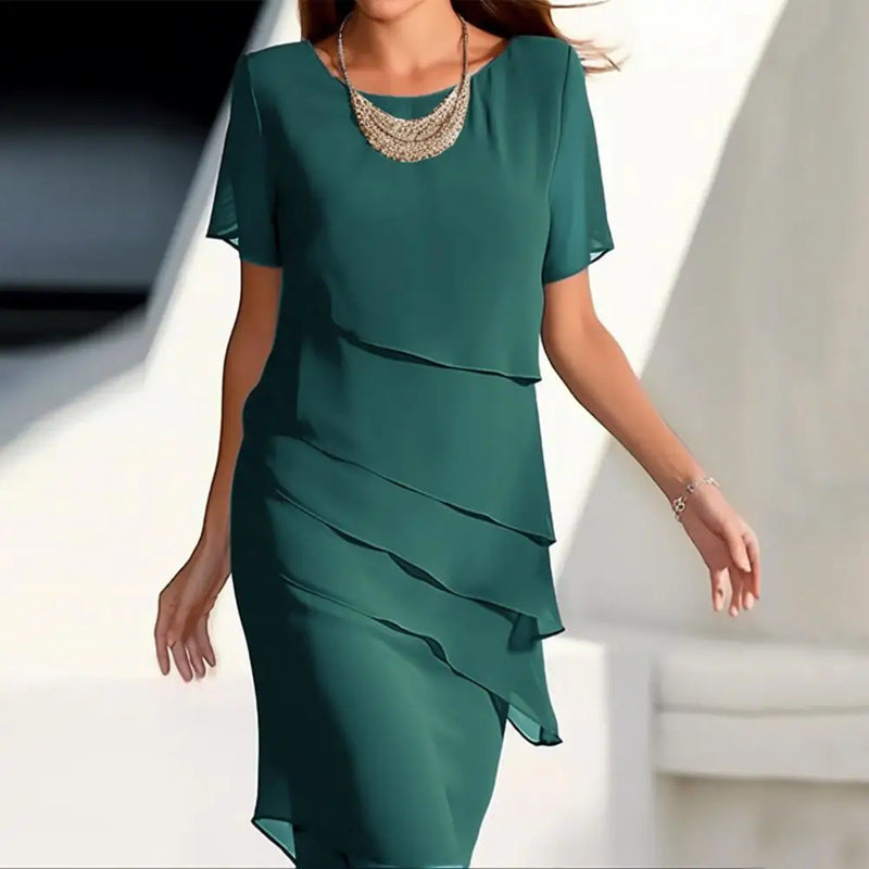 independent station new arrival summer silmdresspatchwork chiffon round neck short-sleeved dress for women