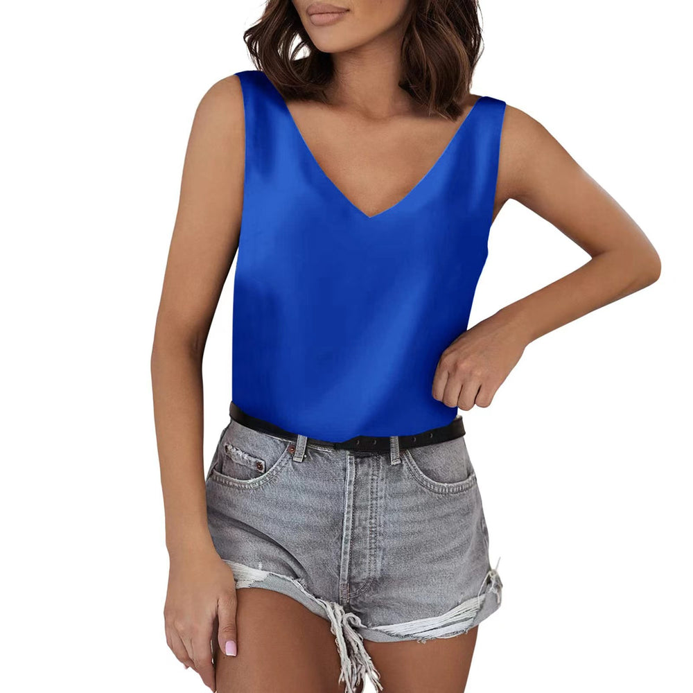 Ready-to-ship european and american style solid color satin tank top, v-neck casual camisole, sleeveless blouse, summer basic wholesale