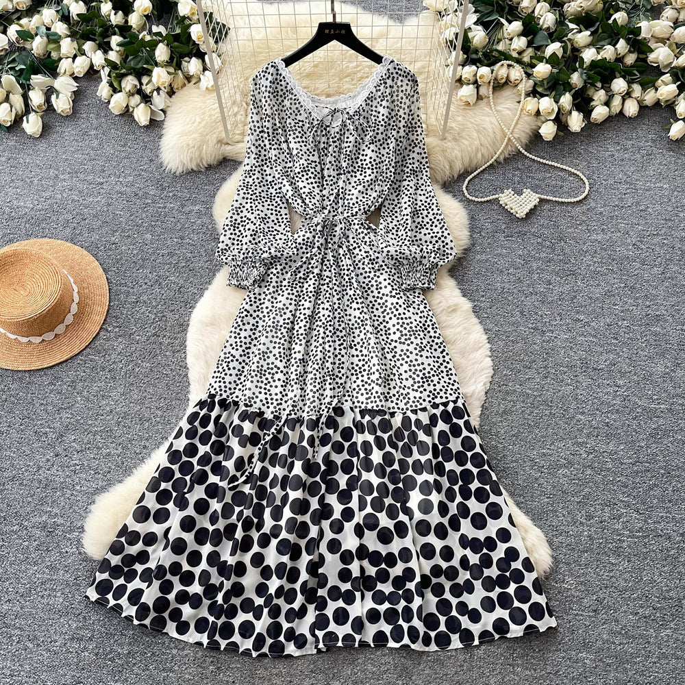 K-styleretro polka dot floral dress women's springlong sleevesv neck waist a-line skirtelegantslimming lookwork clothing skirt
