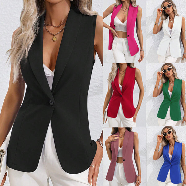 Spring and Autumn 2024 New European and American Cross-border  Solid Color Cardigan Single Button Jacket Sleeveless Crew Neck Jacket Women