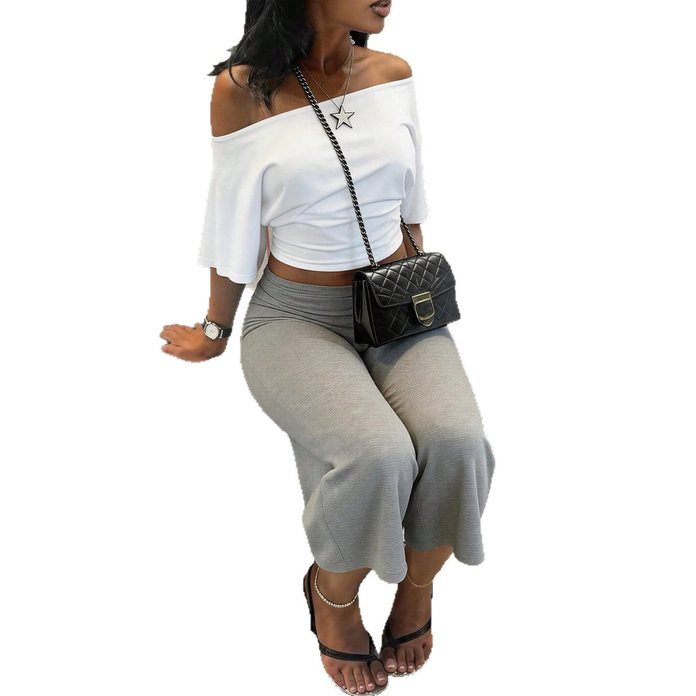 Amazon spring/summer new fashion elastic waist high-waisted casual t-shirt solid color minimalist wide-leg capri pants two-piece set
