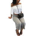 Amazon spring/summer new fashion elastic waist high-waisted casual t-shirt solid color minimalist wide-leg capri pants two-piece set