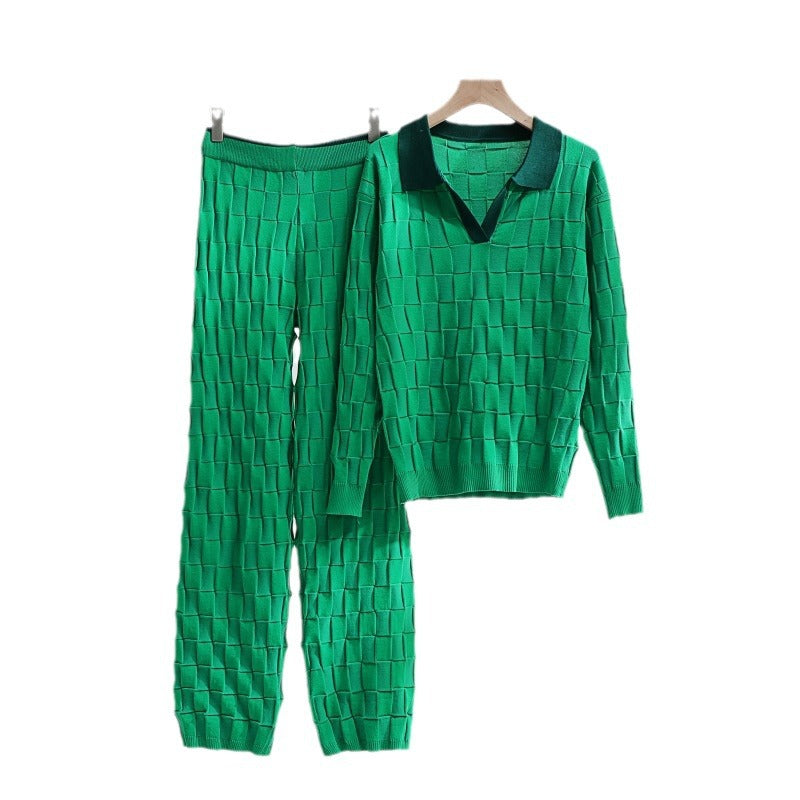 Trendy knit set:  autumn new korean style half-open collar pullover knit top & casual pants two-piece set