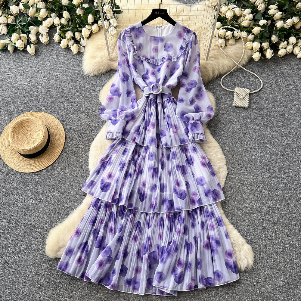 French romantic lantern sleeve printed dress - korean style, cinched waist, flowy maxi dress, high-end vacation vibe