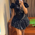 European and american cross-border women's fashion:  autumn new arrival - elegant v-neck puff sleeve slim-fit patchwork short a-line dress