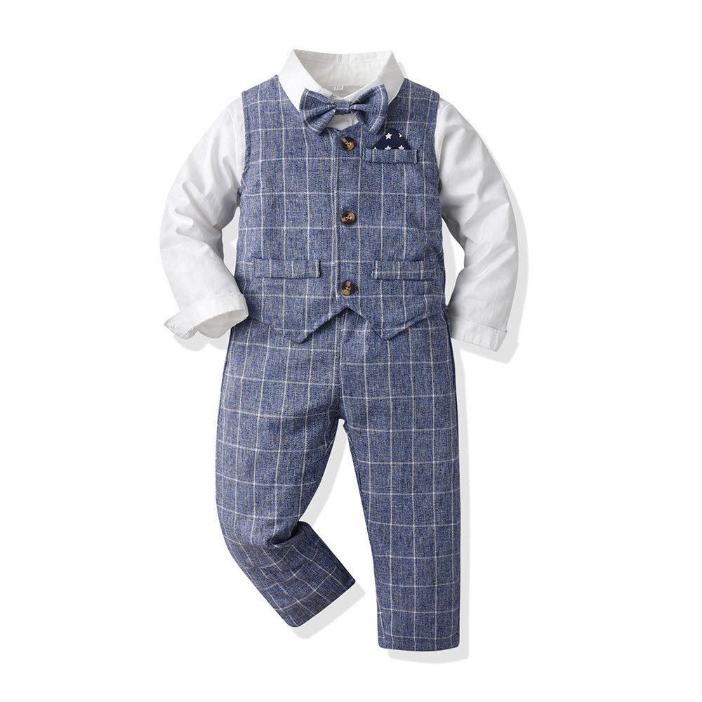 Wholesale branded children's clothing: spring/autumn boys' gentleman's suit, shirt, and vest three-piece set – stylish and fashionable for boys