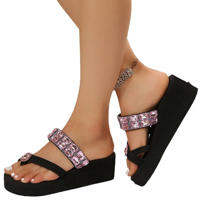 K-styleexportplus sizecolorful bright diamond thick sole slippers women's beach wedge heel flip-flops slippers slippers