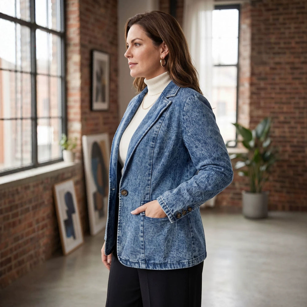 new arrivals: plus-size women's mid-length washed denim blazer - perfect for , , and european & american markets