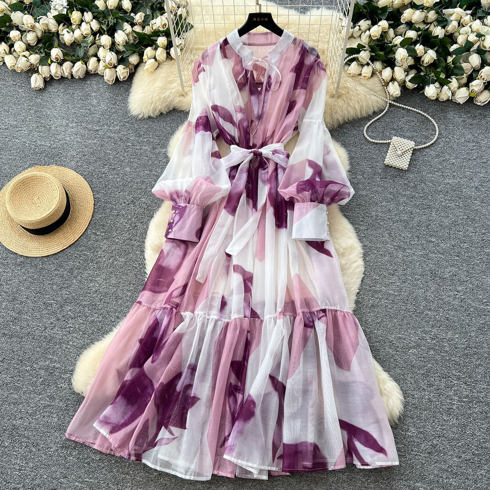 French chic dress -  new collection: court style tie-waist lantern sleeve printed mesh midi dress