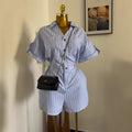 European and american cross-border women's fashion:  summer new arrivals - stylish blue and white striped loose-fit shirt, wide-leg shorts, and jumpsuit set