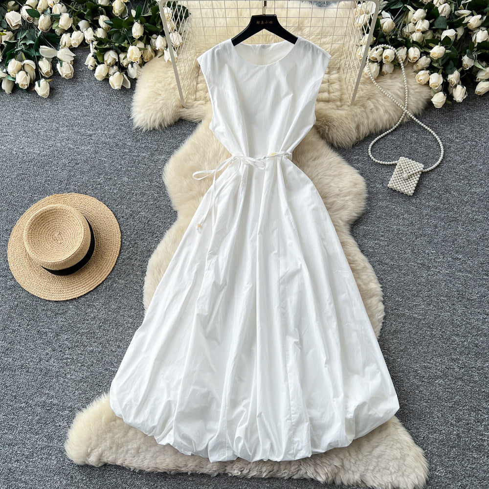 French sleeveless tie-up a-line tulip dress - women's summer high-waisted cinched waist tie detail flowy luxury work dress