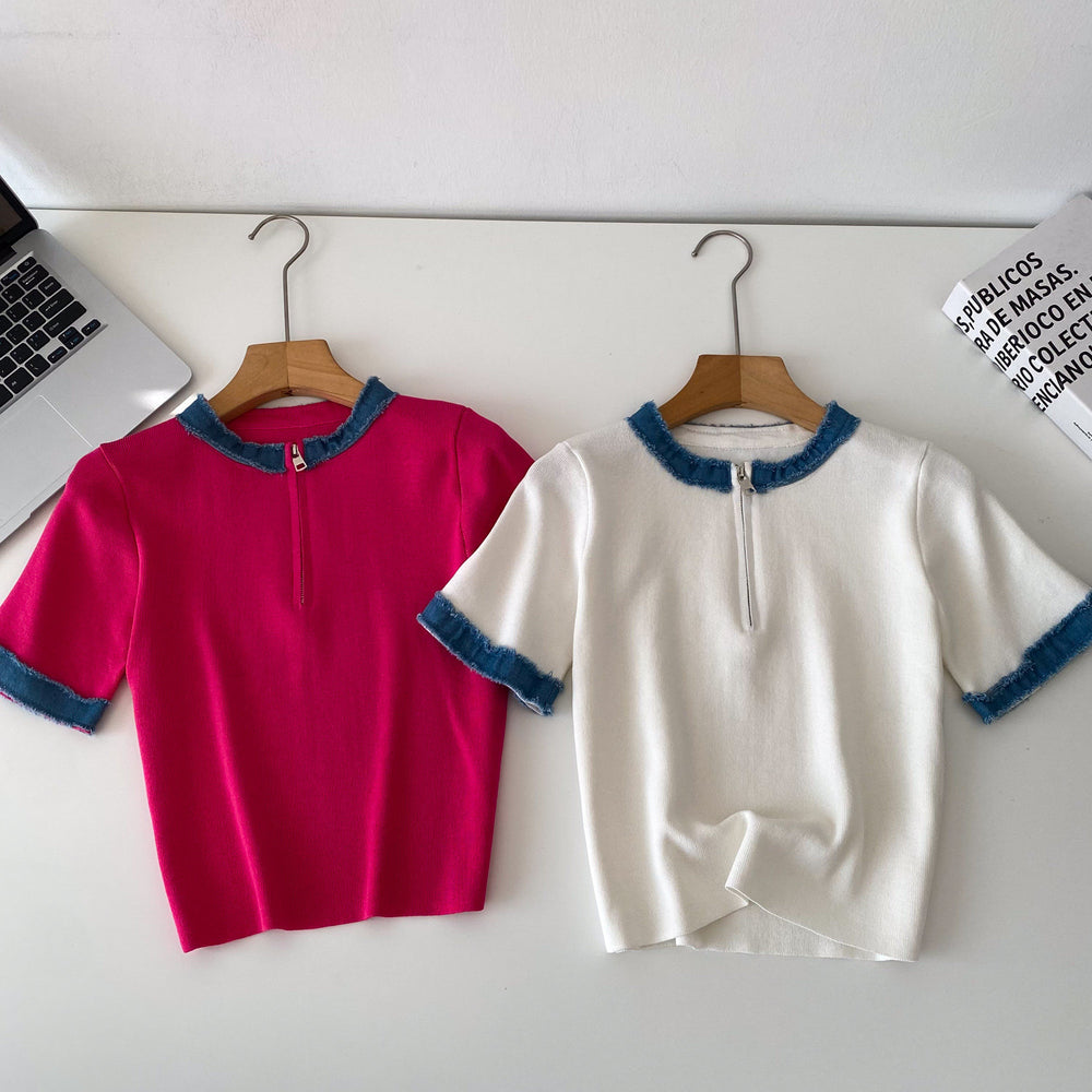 Korean style color block knit top - women's summer short sleeve crew neck half-zip cardigan - versatile, trendy, and designer-inspired top