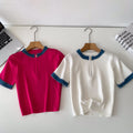 Korean style color block knit top - women's summer short sleeve crew neck half-zip cardigan - versatile, trendy, and designer-inspired top