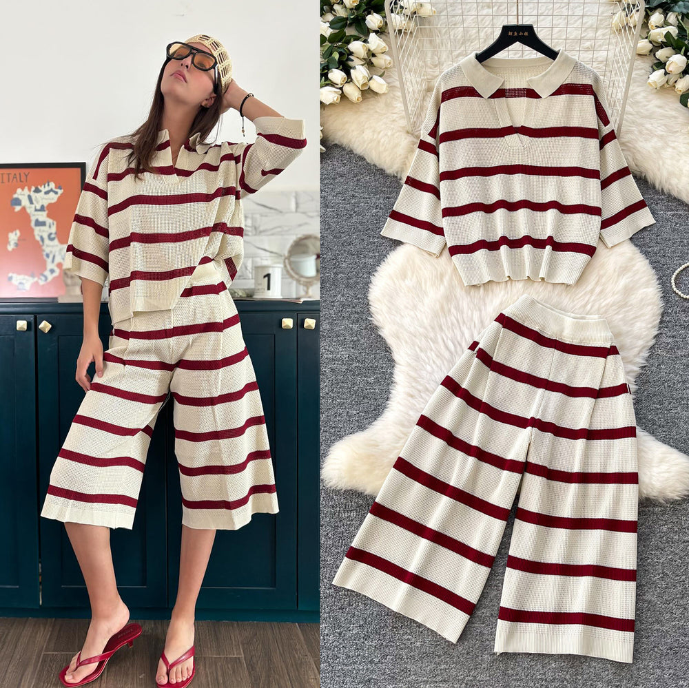 Lazy style stripesv-neck two-piece set women's summernew arrivalwork clothing style round neck topshigh waist pantsslimming looksuit