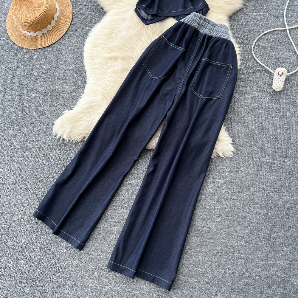 High-end women's summer outfit featuring a stylish v-neck sleeveless single-breasted top and a casual wide-leg pants two-piece set