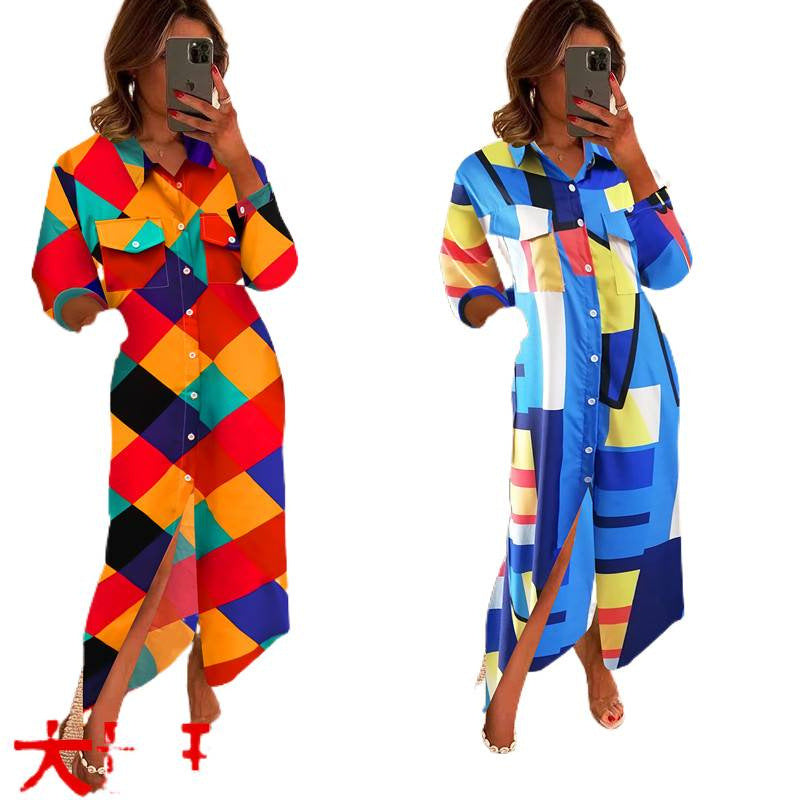 New arrival   exportfashionlong sleevesprinting lapel shirt skirt women's loosecasuallongdress