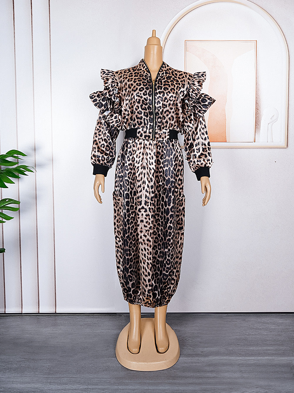 Aliexpress cross-border: plus size african women's leopard print top & skirt two-piece set with pockets