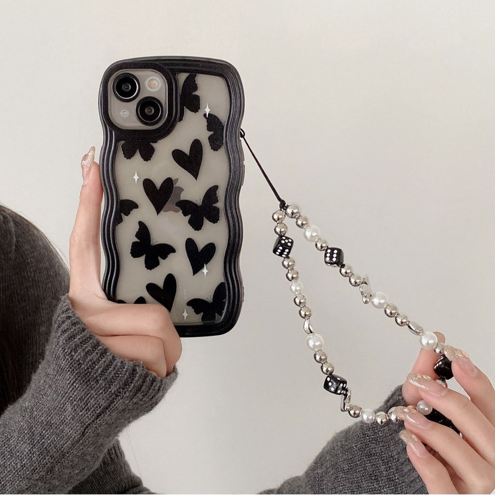 Minimalist crystal square electroplated heart bracelet with transparent star and bear charms, black and white bead phone case charm accessories