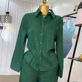 European and american cross-border women's fashion:  autumn new collection - stylish green turn-down collar long sleeve shirt and wide-leg pants casual set