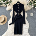 Minimalist chic knit long sleeve dress - women's autumn belted slim fit elegant mature style maxi dress
