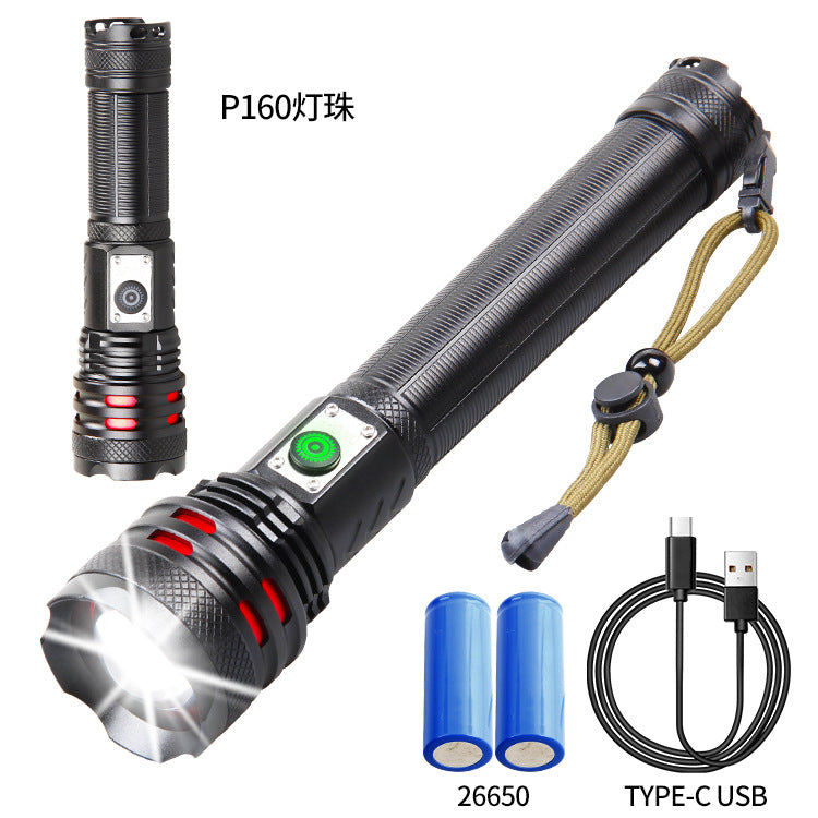 Cross-border new XHP-160 strong light USB charging telescopic variable light LED power display outdoor long-range flashlight