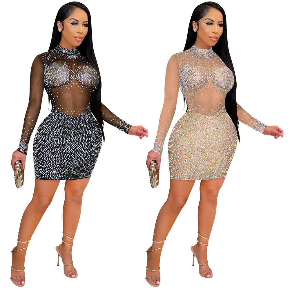 C5890 cross-border   fashion sexy nightclub rhinestone mesh see-through long sleeve dress