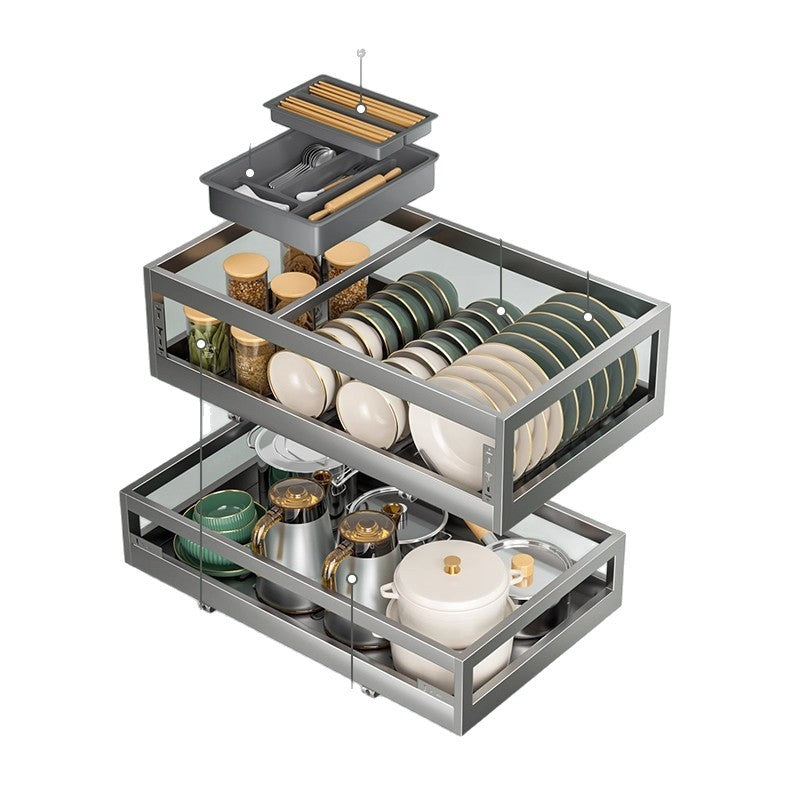 Source Manufacturer Pull Basket Kitchen Cabinet 304 Stainless Steel Double Drawer Bowl Rack Storage Dish Rack Cabinet Bowl Basket