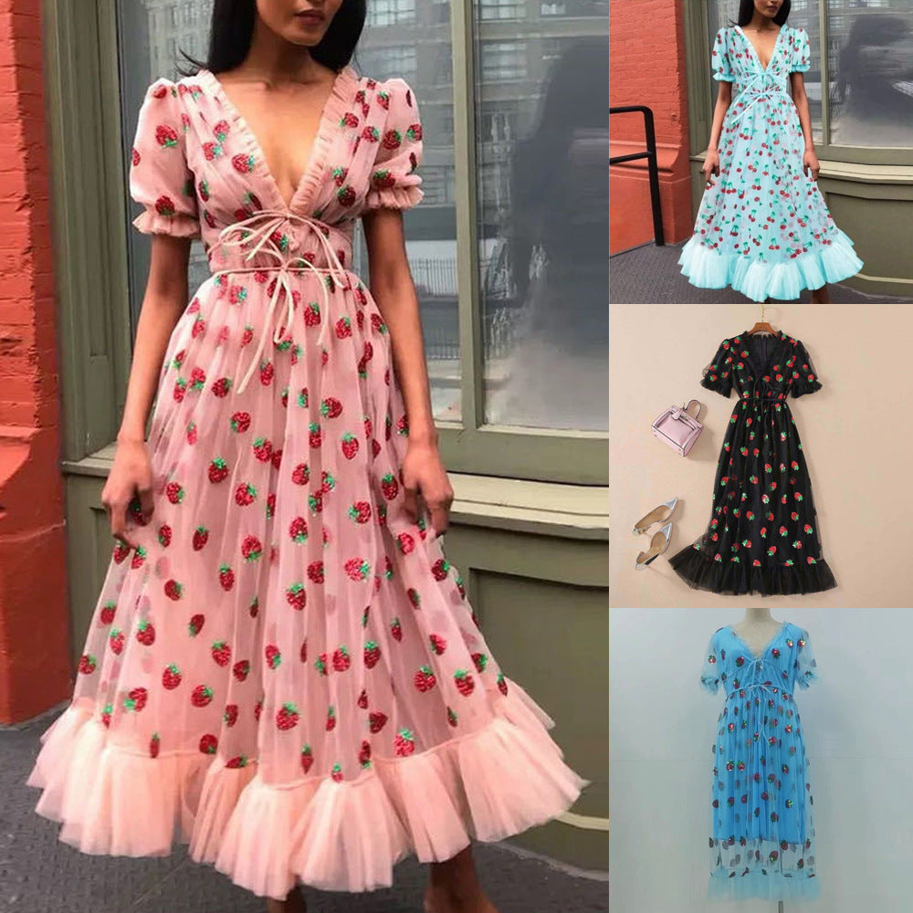 cross-border french strawberry sequin sweet maxi dress - four colors, mesh overlay, tie-waist, slim-fit fashion dress