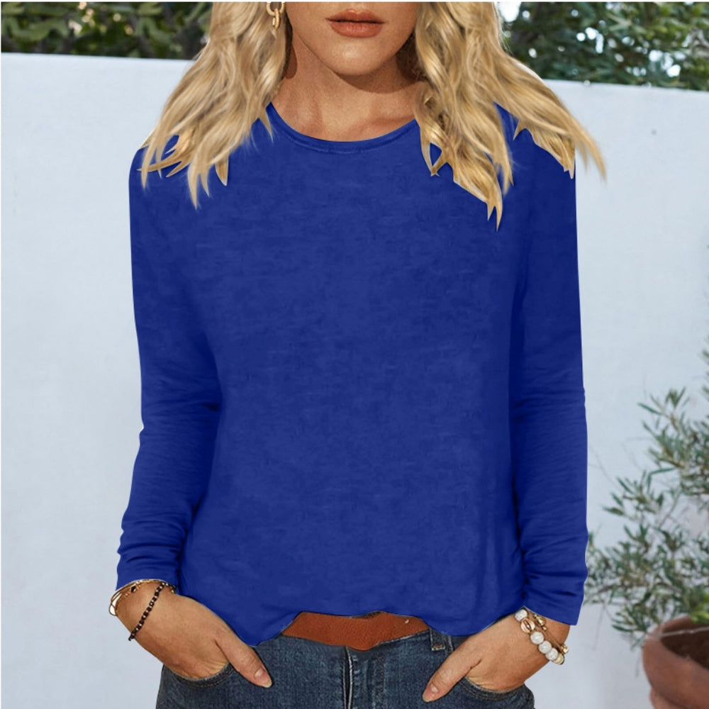 new women's casual long-sleeve solid color crew neck t-shirt for cross-border