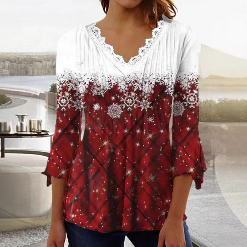fall/winter new european and american style cross-border snowflake print plaid v-neck long sleeve top for women