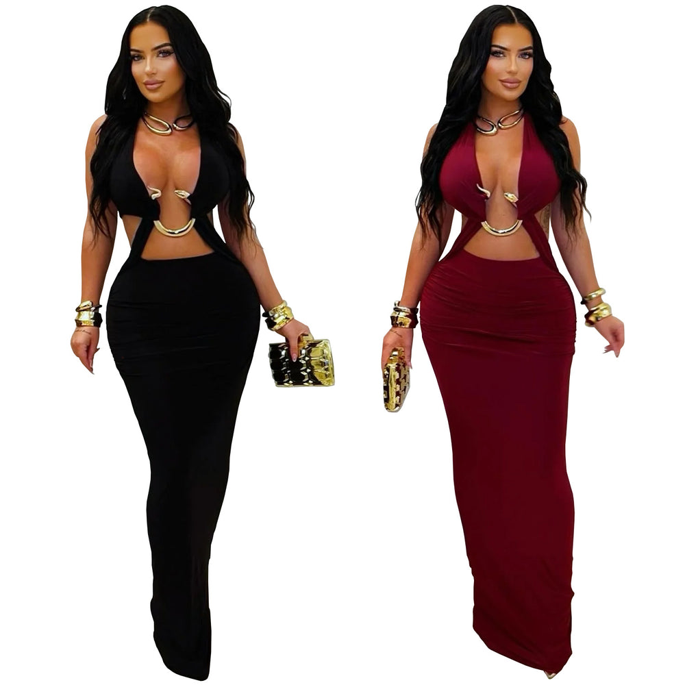 C7572 cross-border   fashion women's sexy slim-fit solid color tie-up sleeveless dress