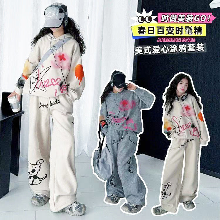 Girls'  new autumn outfit: designer set for mid-to-large children - wide-leg pants, stylish and loose-fitting two-piece set for girls