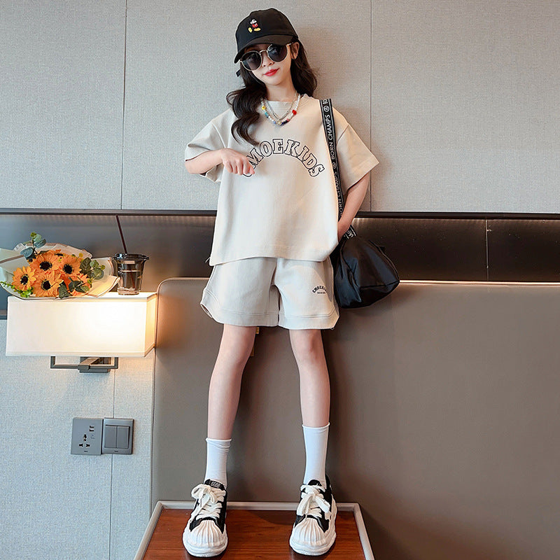 Girls' summer outfit  new set: stylish and trendy kids' streetwear, children's sportswear, big kids' short-sleeve two-piece summer set