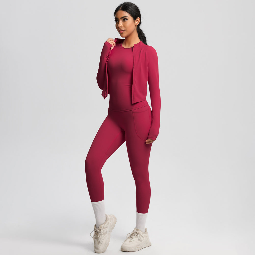 Cloud-soft slim-fit brushed nylon pocket pant set - quick-dry, breathable yoga, running, and fitness activewear three-piece set